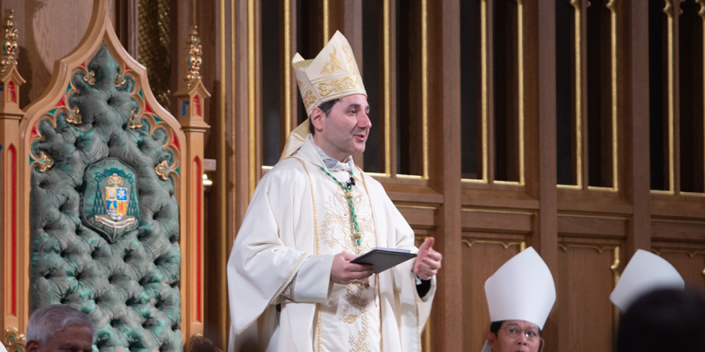 Archbishop Francis Leo stands in St. Michael's Cathedral Basilica
